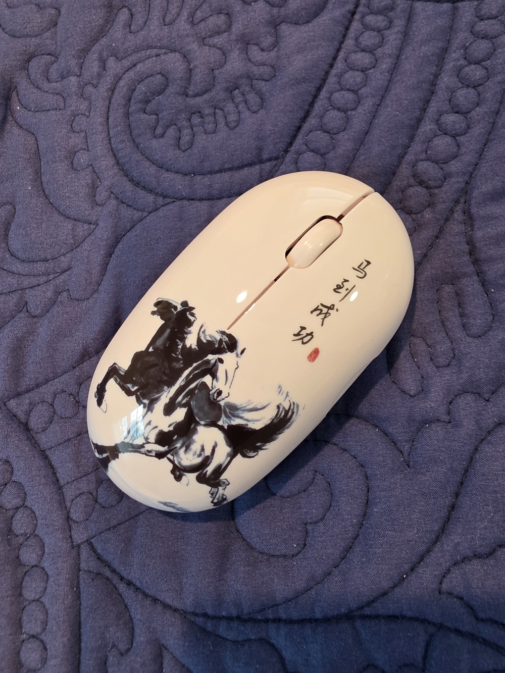 White Ceramic-Style Wireless Mouse with Horse Ink Art